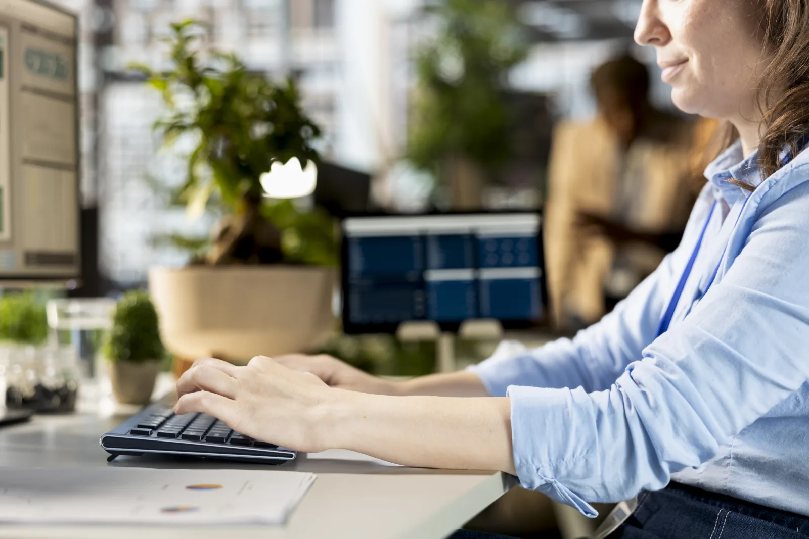 Female company employee overseeing business operations desk placeholder